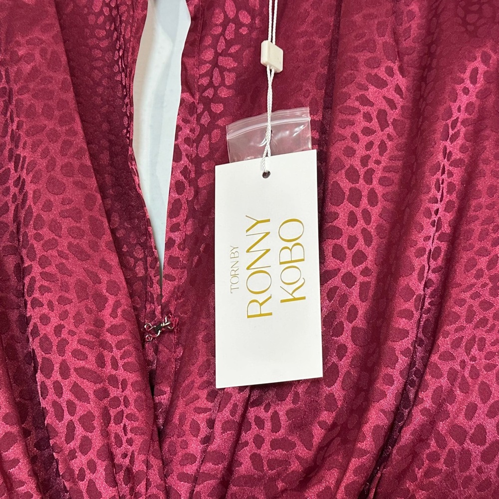 Ronny Kobo Astrid Large Dress Wine Animal Jacquard Ruched Puff Sleeve Midi Dress - Picture 8 of 12